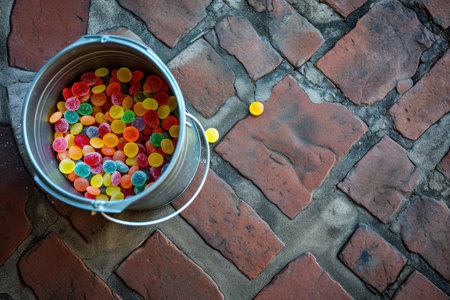 Colorful candies in metal bucket on brick floor background, top viewの素材