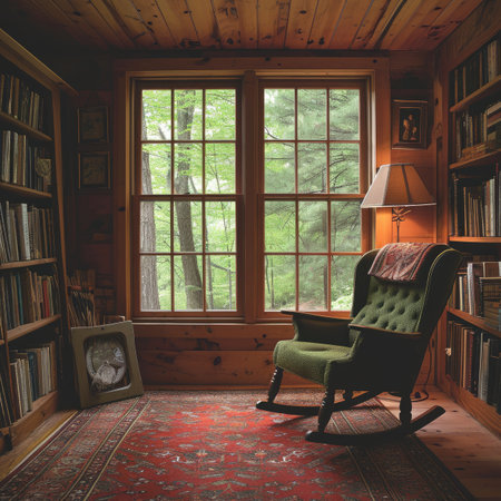 Interior of an old wooden house with a green armchair and bookshelves.の素材