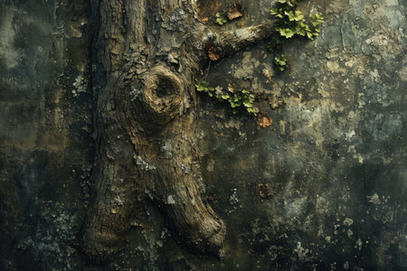 Old tree bark with ivy on grunge cement wall background.の素材