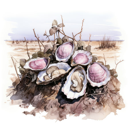 Watercolor fresh oysters on the beach.の素材