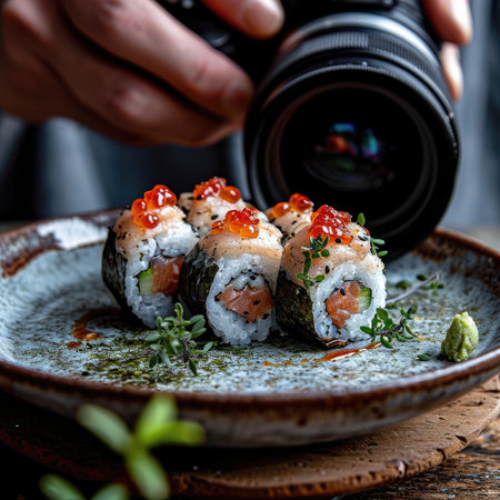 Sushi roll with salmon, cream cheese and red caviar.の素材