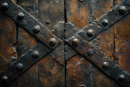 Fragment of the old wooden door with rivets and studsの素材