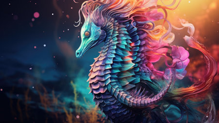 Colorful fantasy seahorse floating in water.の素材