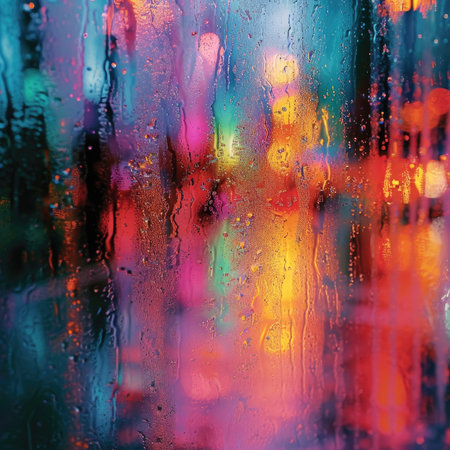 Water drops on glass with blurred city lights background. Abstract background.の素材