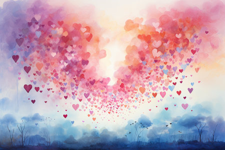 Watercolor painting of heart shape in the sky. Valentine's day background.の素材