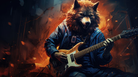 Guitarist with a wolf head and electric guitar.の素材