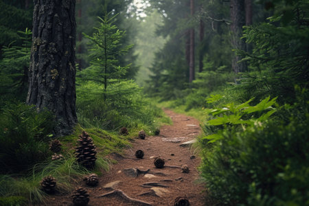 Foggy forest trail with pine cones and grass in the foregroundの素材