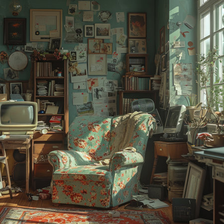 Vintage interior of a living room with an armchair and bookshelfの素材
