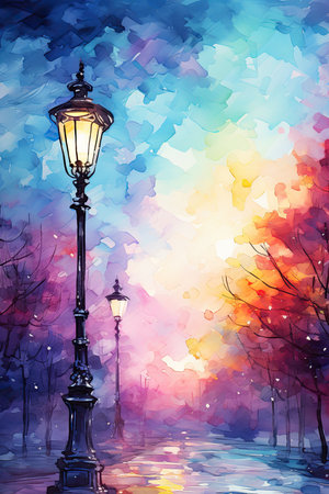 Watercolor landscape with street lamp.の素材