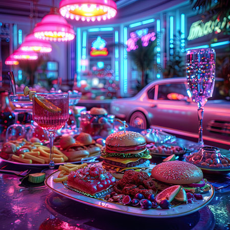 Hamburgers and drinks on the table in a night clubの素材