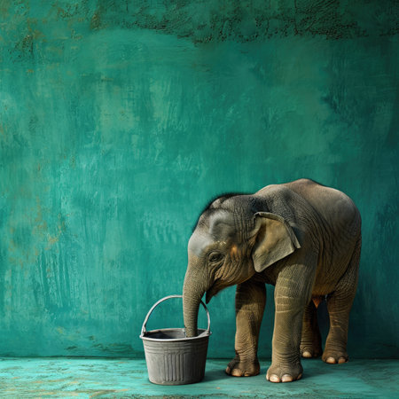 Elephant and a bucket of water on a turquoise backgroundの素材