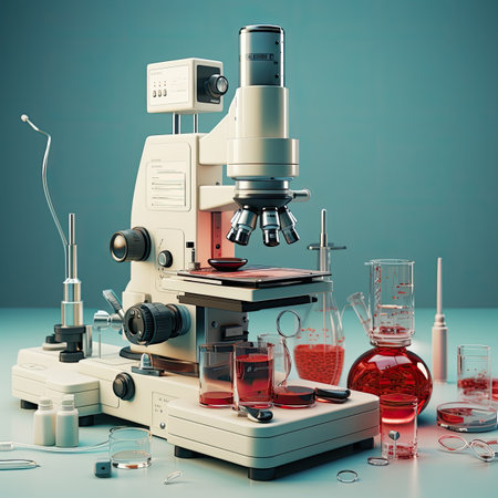 Laboratory microscope and test tubes with blood samples.の素材