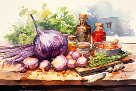 Watercolor painting of fresh onion and garlic on wooden table. Food backgroundの素材