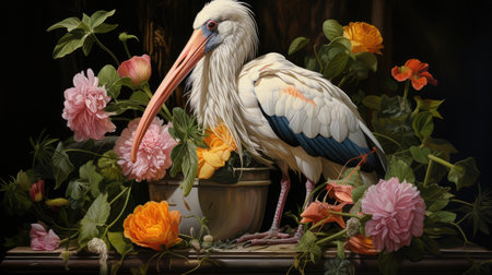 Painted stork and peonies in a pot on a wooden backgroundの素材
