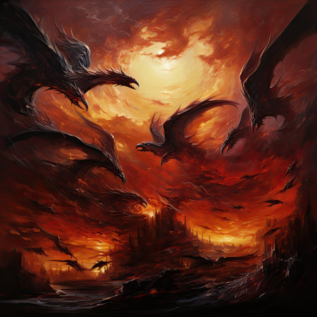 Fantasy landscape with flying bats in the sky.の素材