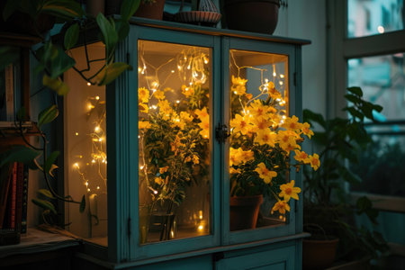 Yellow flowers in a vase on the windowsill in the nightの素材