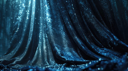 Close up of a blue velvet curtain with glitter and bokehの素材
