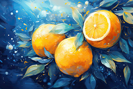 Watercolor painting of orange fruit with leaves on blue background.の素材