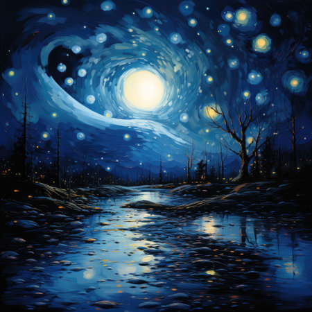 Night landscape with moon, stars and trees.の素材