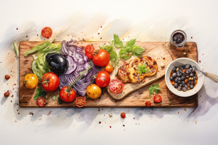 vegetables on cutting board with oil painting background, top viewの素材