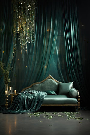 Luxury interior with green velvet sofa, gold and silver decorations.の素材