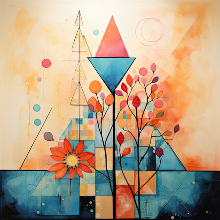 Abstract watercolor illustration of a modern city with trees and flowers.の素材