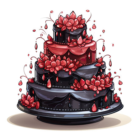 Black wedding cake with red flowers. Vector illustration isolated on white background.の素材