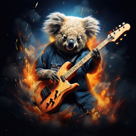 Flaming koala with electric guitar on a fire background.の素材