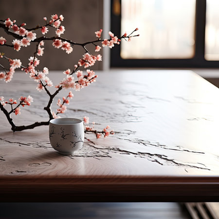 Cup of coffee and cherry blossom branch on table in cafeの素材