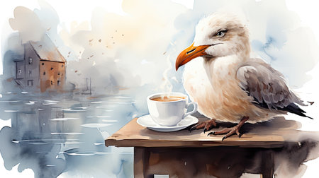 a seagull with a cup of coffee.の素材