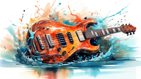 Colorful electric guitar on watercolor splashes background.の素材