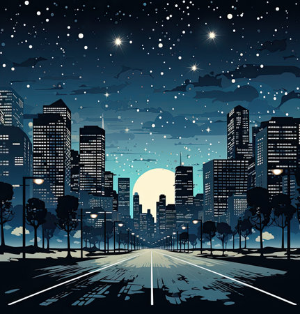 Night city landscape with road and skyscrapers.の素材