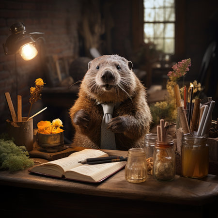 Cute beaver with a tie and books on a wooden tableの素材