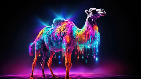 Camel with colorful neon lights on black background.の素材