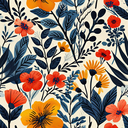 floral pattern with hand drawn poppies and leavesの素材