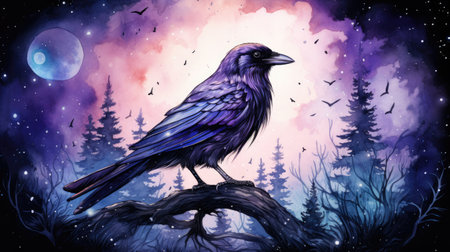 Watercolor Crow sitting on a tree in the forest.の素材