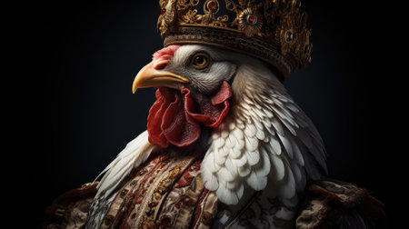 Close-up portrait of a rooster in a crown on a black backgroundの素材