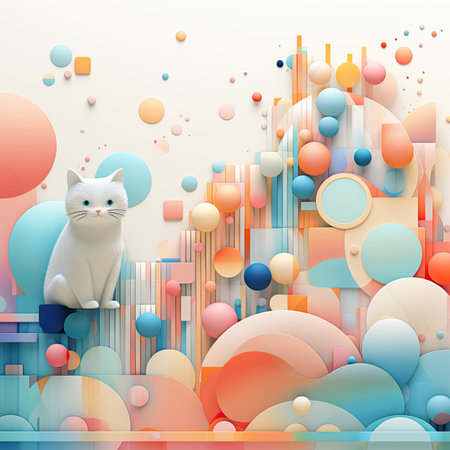 Abstract background with white cat and colorful circles.の素材