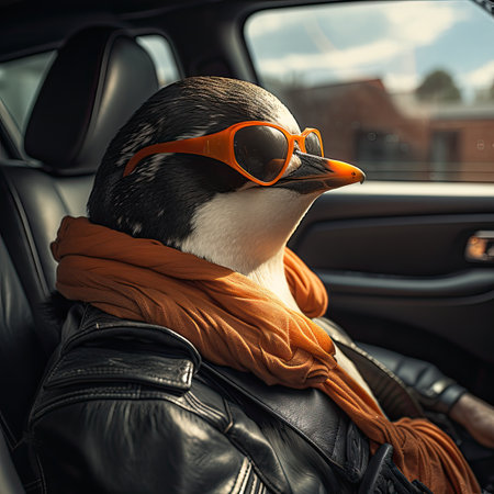 Penguin wearing sunglasses sitting on the backseat of a carの素材