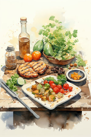 Watercolor grilled meat with vegetables on a wooden tableの素材