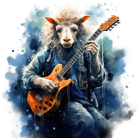 Watercolor Lion playing the electric guitar on a grunge background.の素材