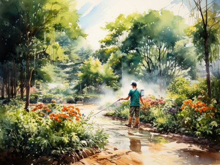 Watercolor Fisherman is working in the garden.の素材