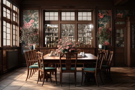 Interior of a restaurant with wooden tables and chairs.の素材