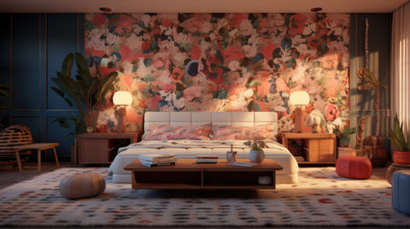 a modern bedroom interior design with floral wallpaper.の素材