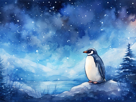 Watercolor Winter landscape with a penguin.の素材