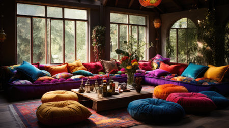 Interior of cozy living room with colorful pillows and sofa.の素材