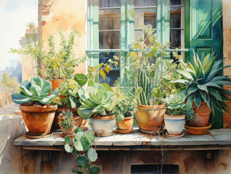 Variety of succulent plants in pots on the windowsill.の素材