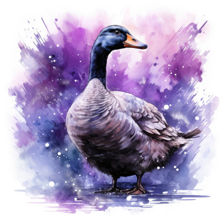 Watercolor duck on a purple background.の素材