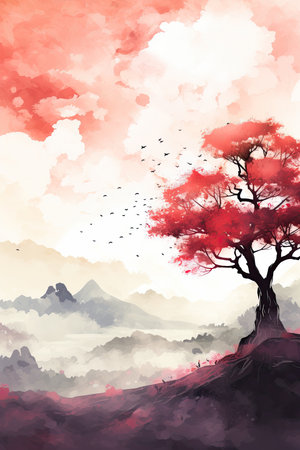 Watercolor autumn landscape with a tree and mountains.の素材