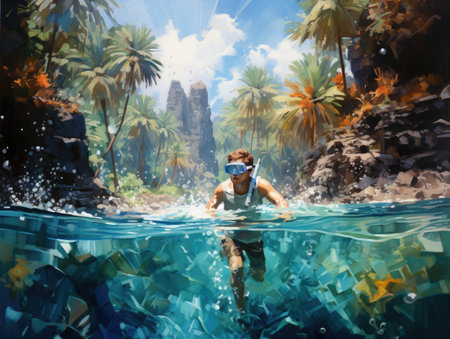 Young woman snorkeling in tropical sea.の素材